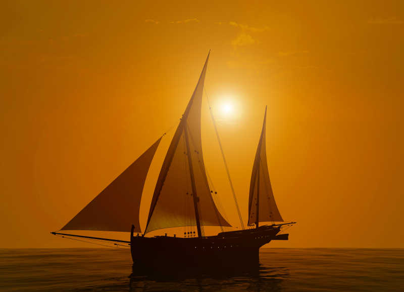 夕阳下逆风而上的帆船