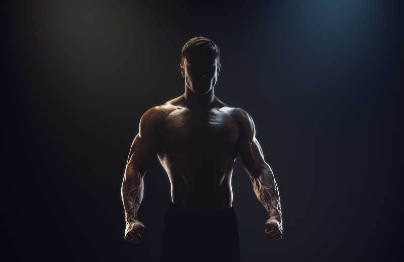 黑色背景下的一个强壮的肌肉男