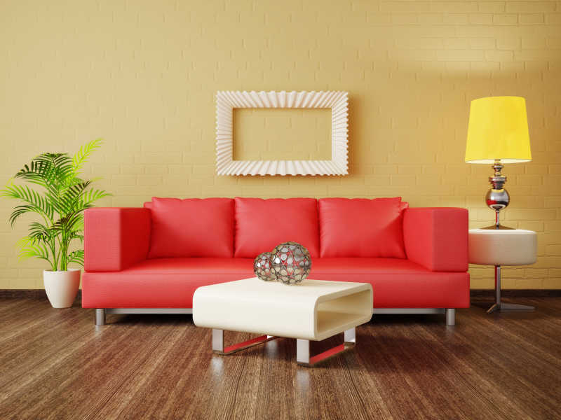 红色沙发木地板室内设计