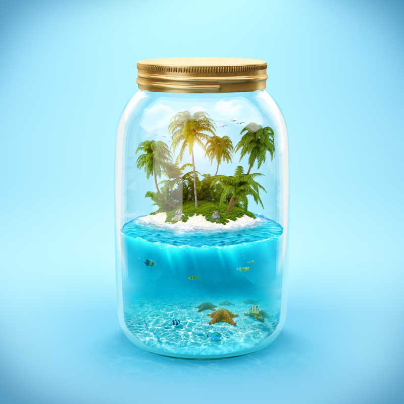 瓶子里的热带岛屿和水下世界