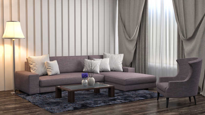 竖行壁纸房间里的紫色沙发