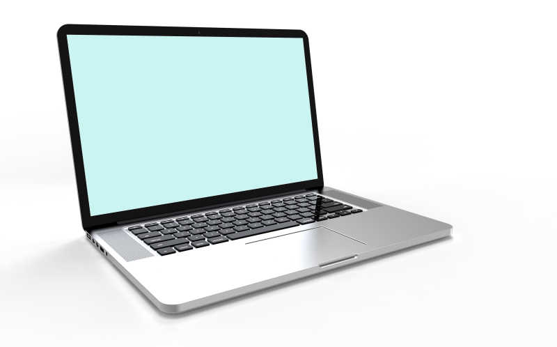 白色背景上一台屏幕是蓝色的笔记本电脑