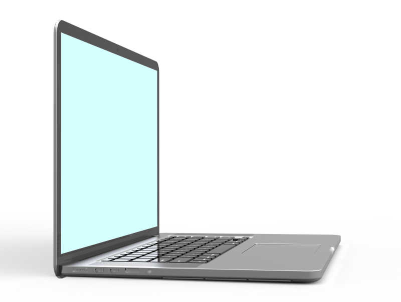 蓝色屏幕的笔记本电脑放在白色背景上