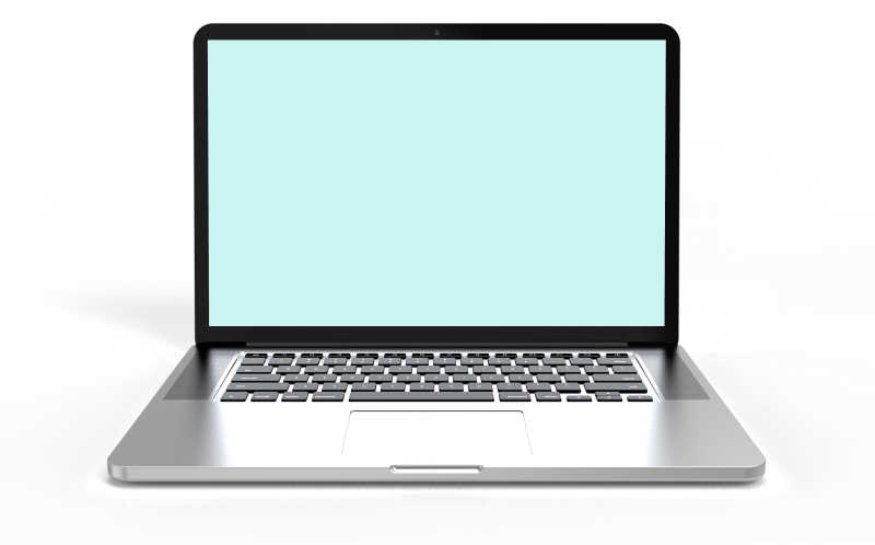 一台蓝色屏幕的笔记本电脑在白色的背景上