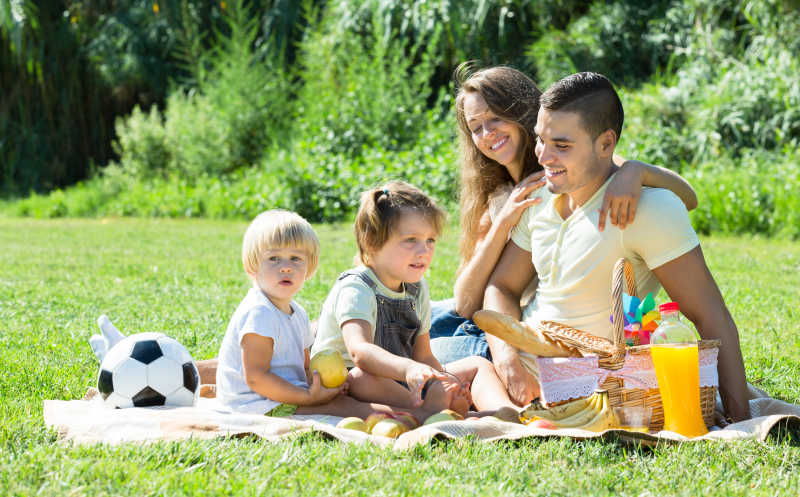 在草地上野餐的幸福的家庭