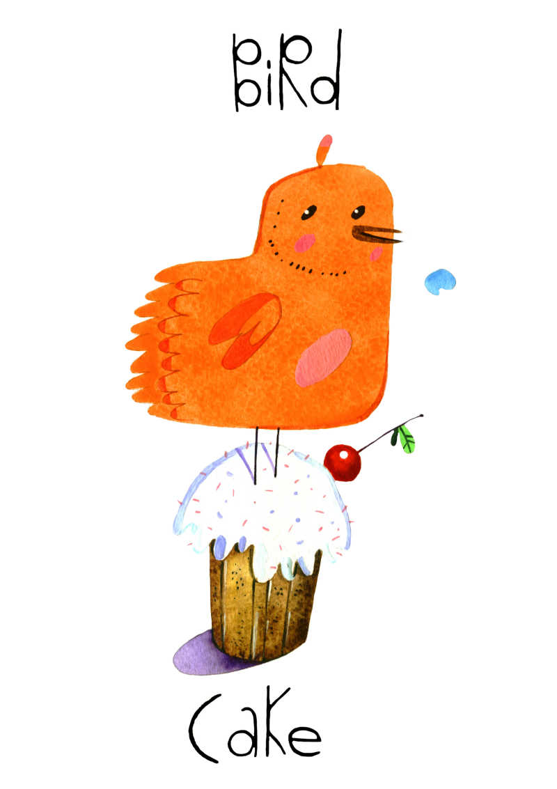 站在蛋糕上的橙色小鸟水彩画