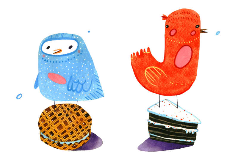 站在汉堡和蛋糕上的小鸟水彩画