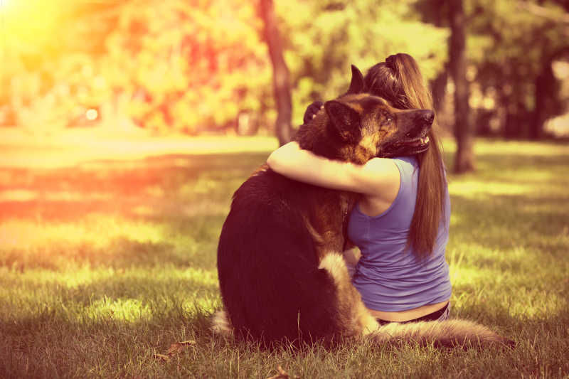 女孩抱住自己的狗狗