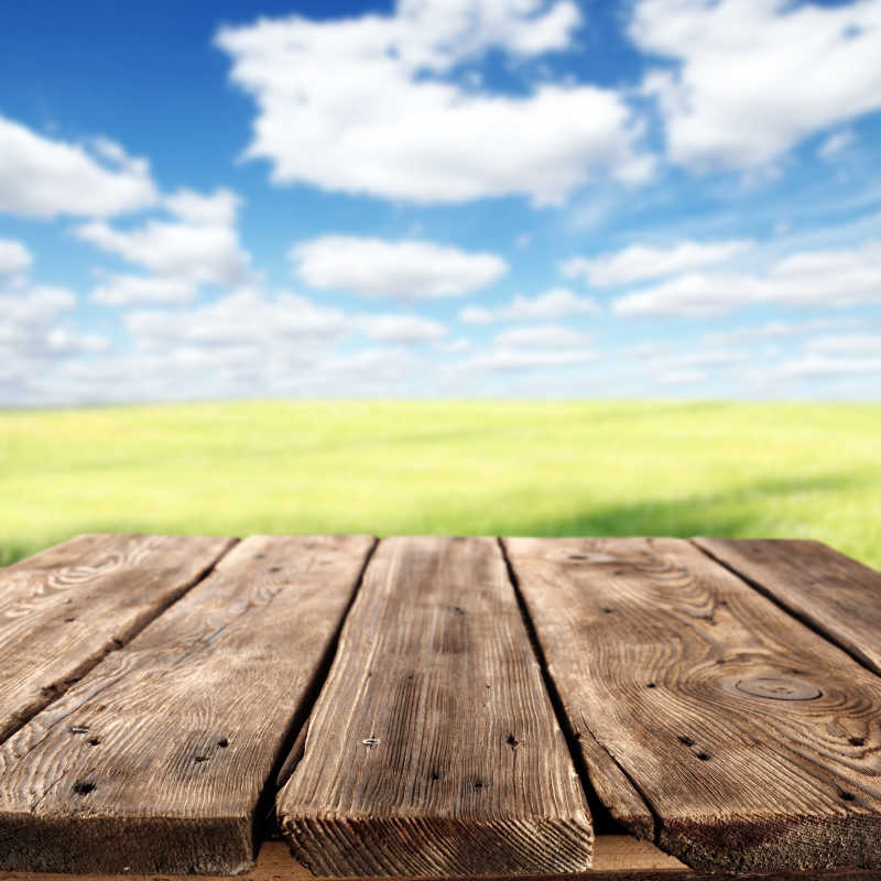 蓝天下的草坪背景前的简易桌子
