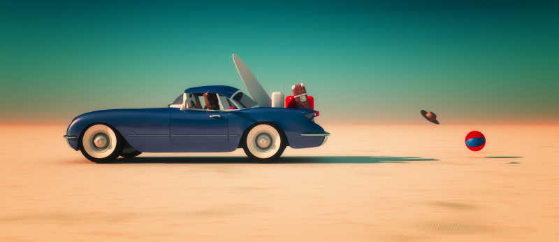 海滩上可爱的旅行中的蓝色小车
