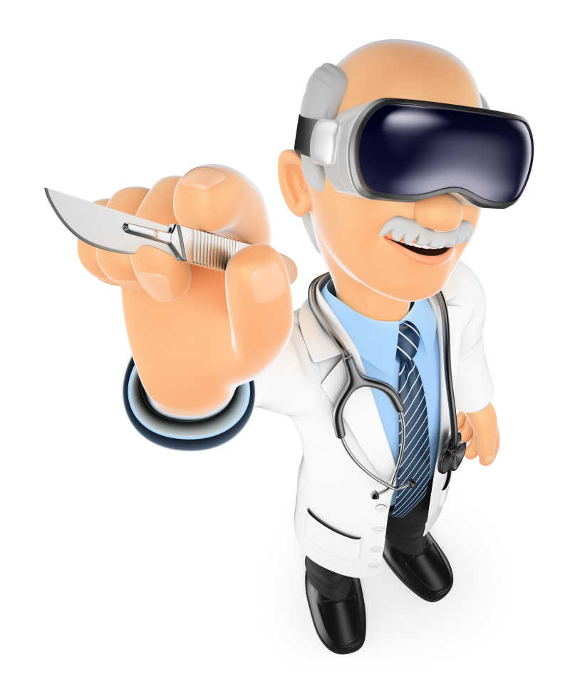 白色背景下3D医生用虚拟现实眼镜和解剖刀