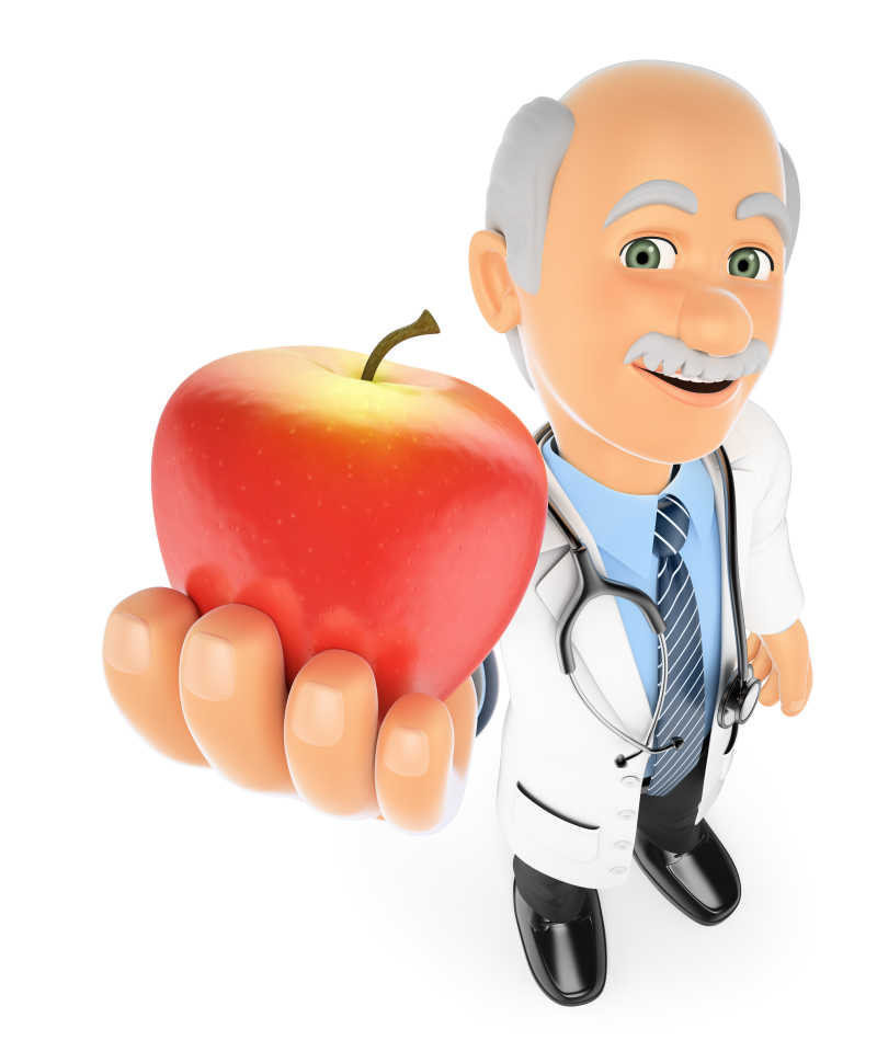 白色背景下的3D医生拿着一个红苹果