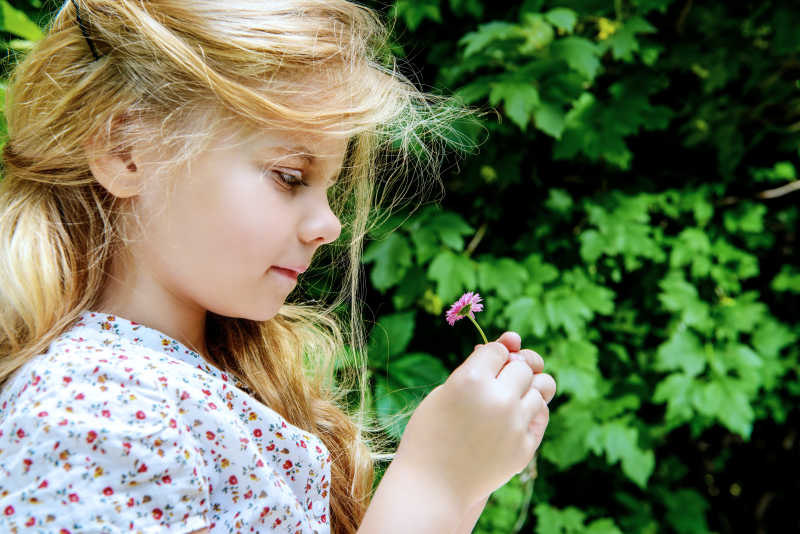 阳光下绿色植物背景下前拿着一朵小花的金发小女孩