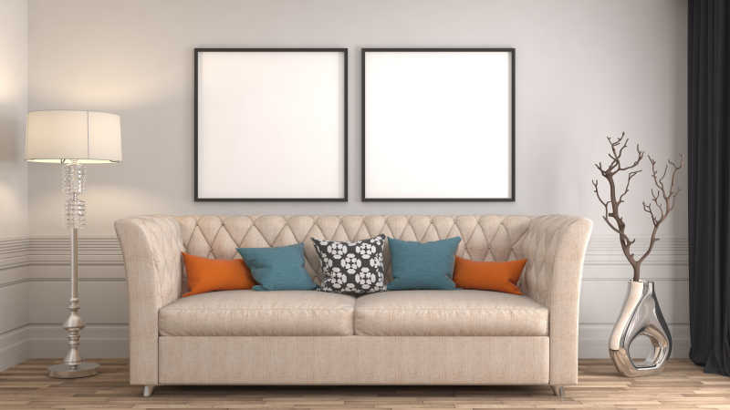 现代化风格的空白画框前的沙发