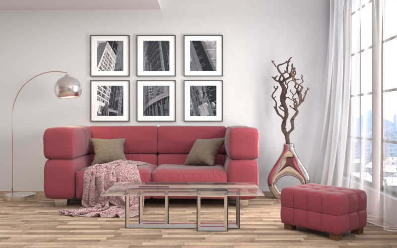 灰色现代居室里的红色沙发