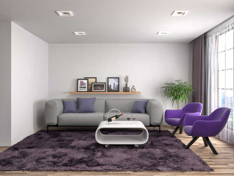灰色紫色搭配的现代起居室设计渲染