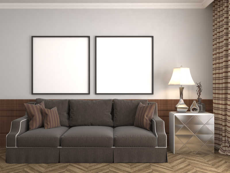 空白画框背景上的棕色沙发