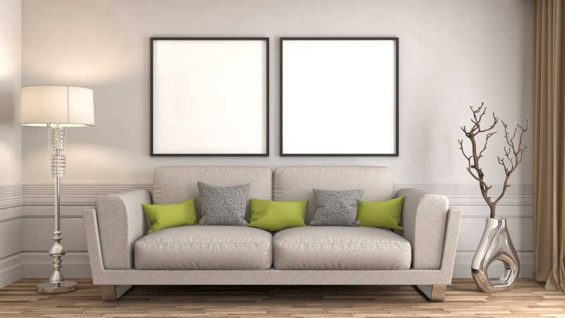 现代朴素的空白画框下的双人沙发
