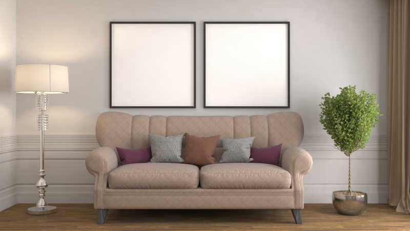 空白相框背景的可爱的双人藕色沙发
