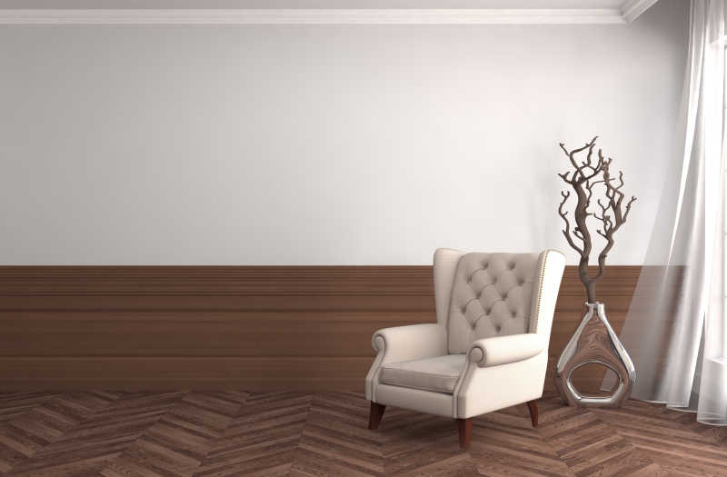 室内木质地板上的白色布艺扶手椅和大花瓶中的枯木