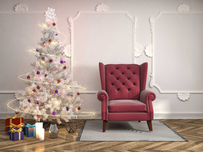 豪华客厅里的白色圣诞树