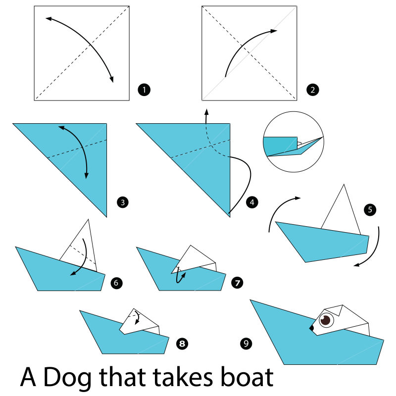 折纸乘船的狗步骤的矢量图解