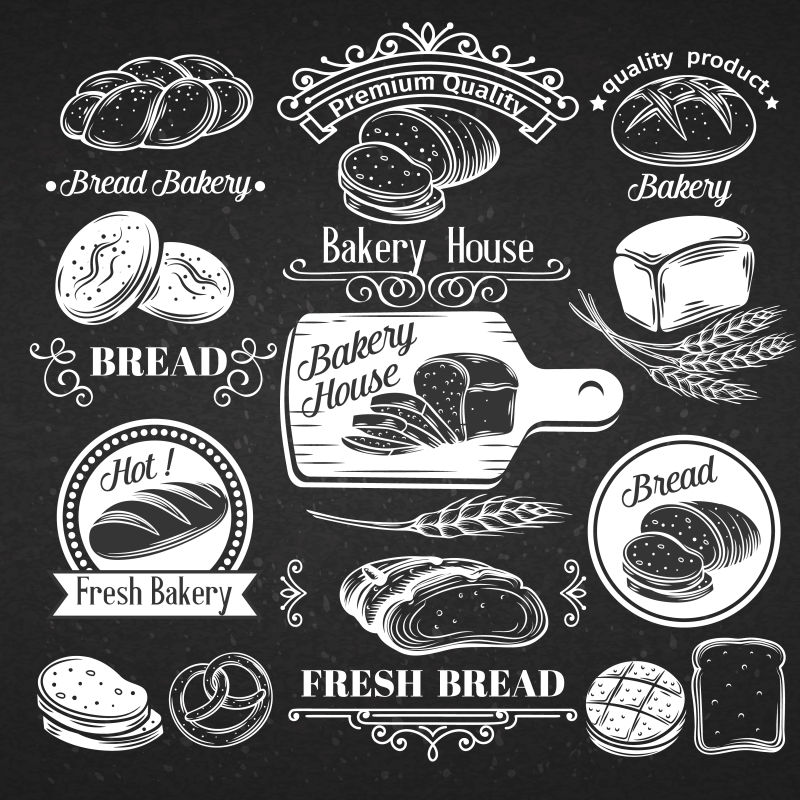 黑色背景下的面包主题矢量插画