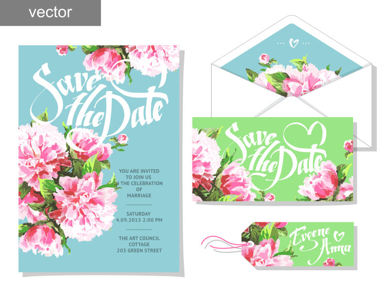矢量手绘花卉图案的浪漫邀请卡设计