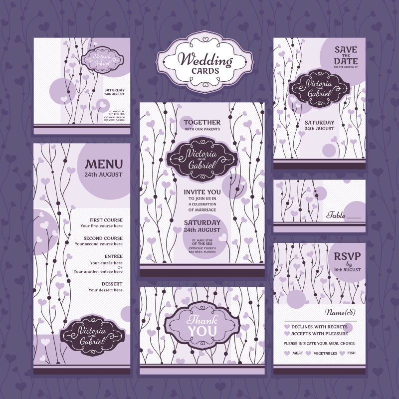 矢量紫色花纹主题的结婚贺卡设计
