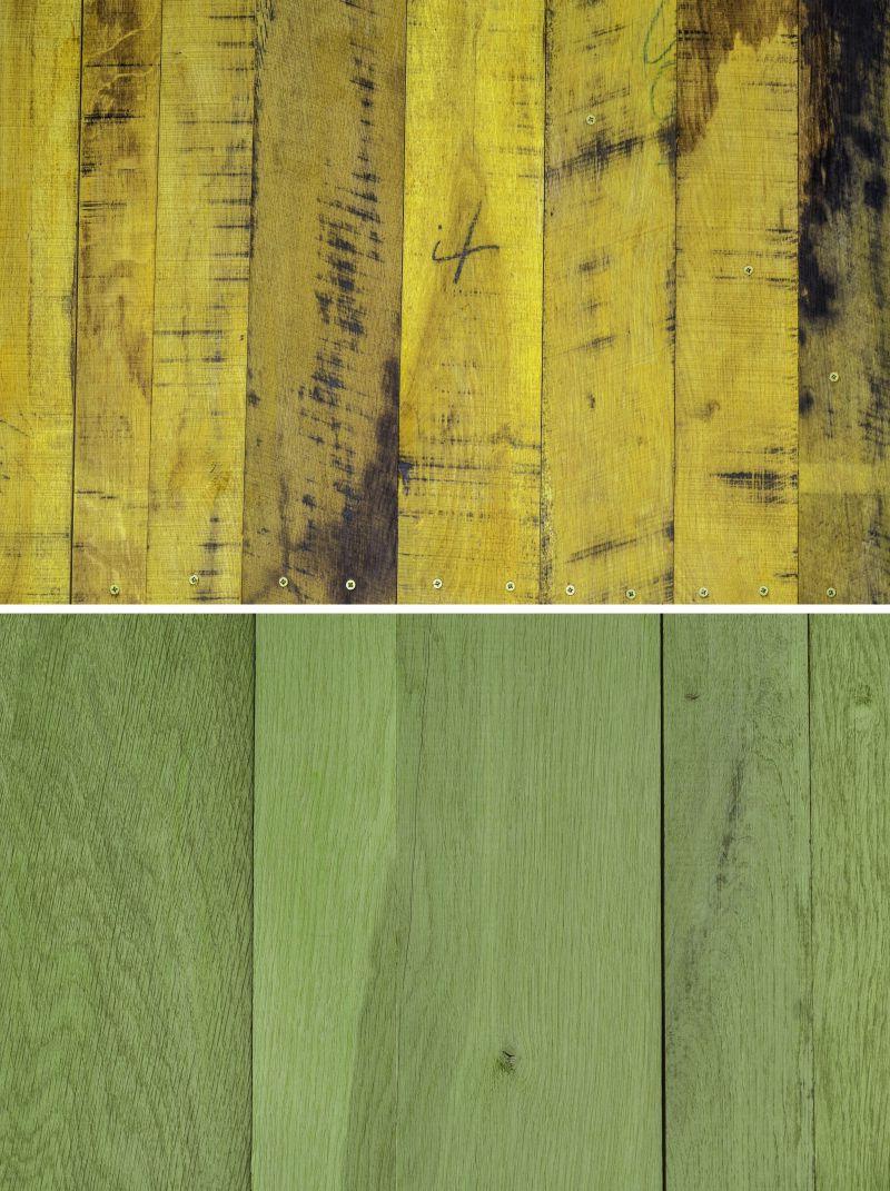 黄色和绿色的两块不同纹理图案的木板拼图