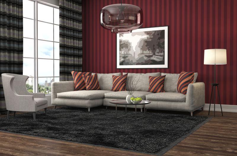 棕色背景墙下简约中式风格客厅里的沙发