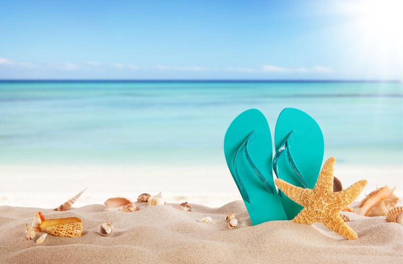 夏日沙滩上的海星贝壳和蓝色拖鞋
