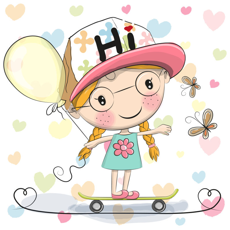 滑板上带手拿气球的可爱卡通女孩矢量插图