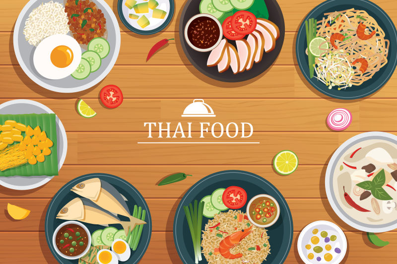 木桌上的泰国菜矢量插图背景