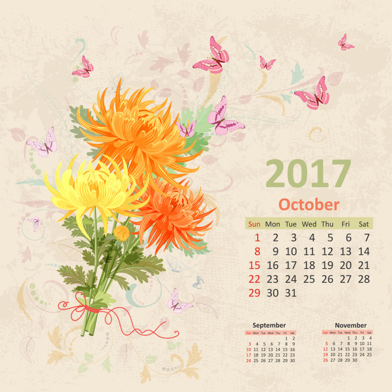 菊花图案装饰的日历矢量设计