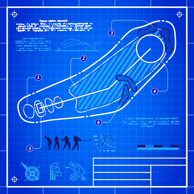 蓝色的矢量高尔夫球场布置蓝图