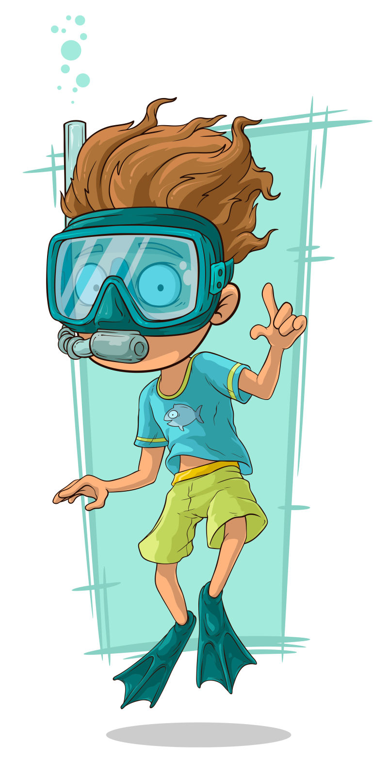 戴着游泳面具的卡通潜水员矢量插图