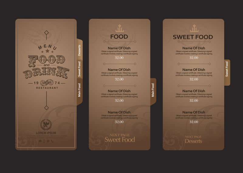 创意矢量棕色餐厅菜单设计插图
