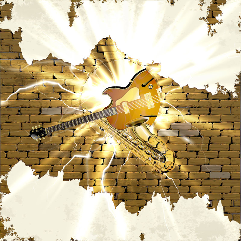 墙壁背景上的发光吉他矢量插图