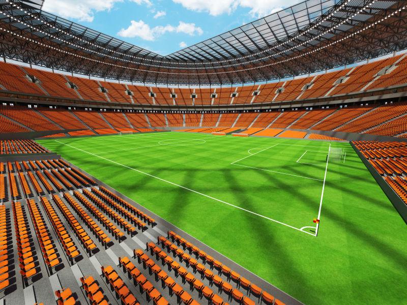 带有橙色座椅的足球场3D渲染