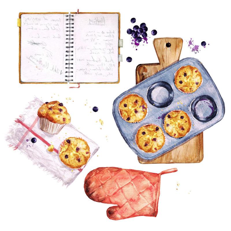 水彩烘焙蓝莓松饼画