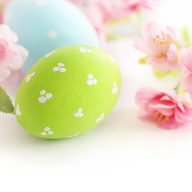 白色背景上的绿色和蓝色的复活节彩蛋和粉色花朵