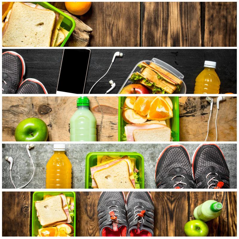 健康早餐食物和运动鞋拼贴