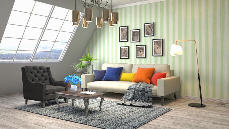 绿色背景下的现代风格室内设计客厅