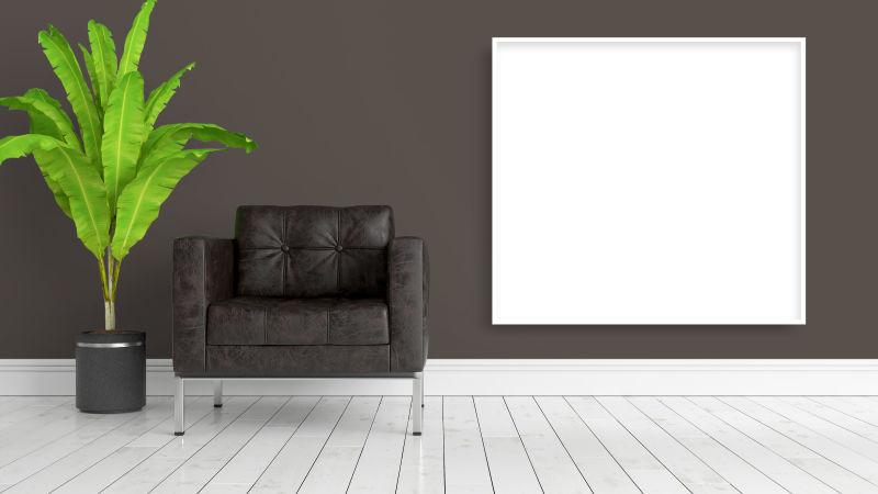 棕色背景下的现代风格室内设计客厅里的沙发和绿植