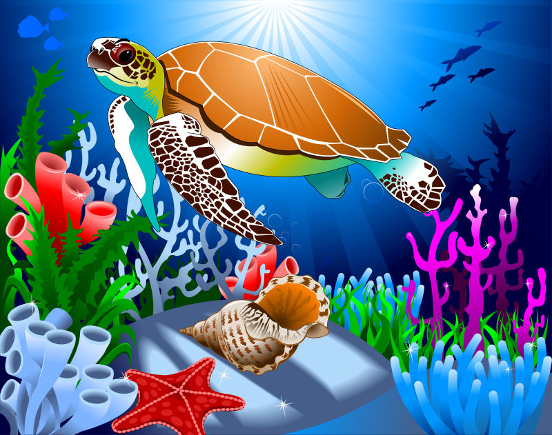 抽象矢量海下的海龟插图