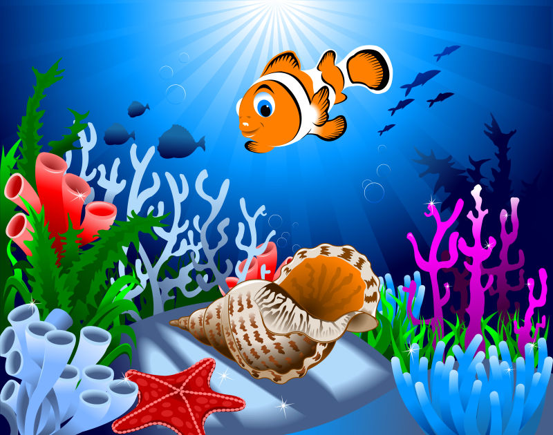 抽象矢量海底的小丑鱼插图
