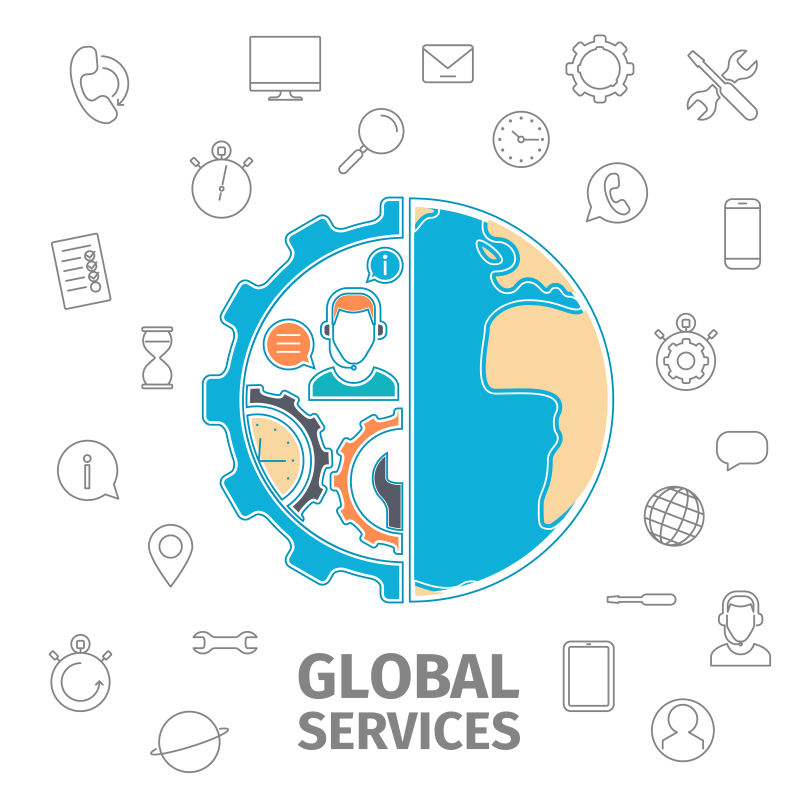 创意矢量细线风格的全球服务概念插图