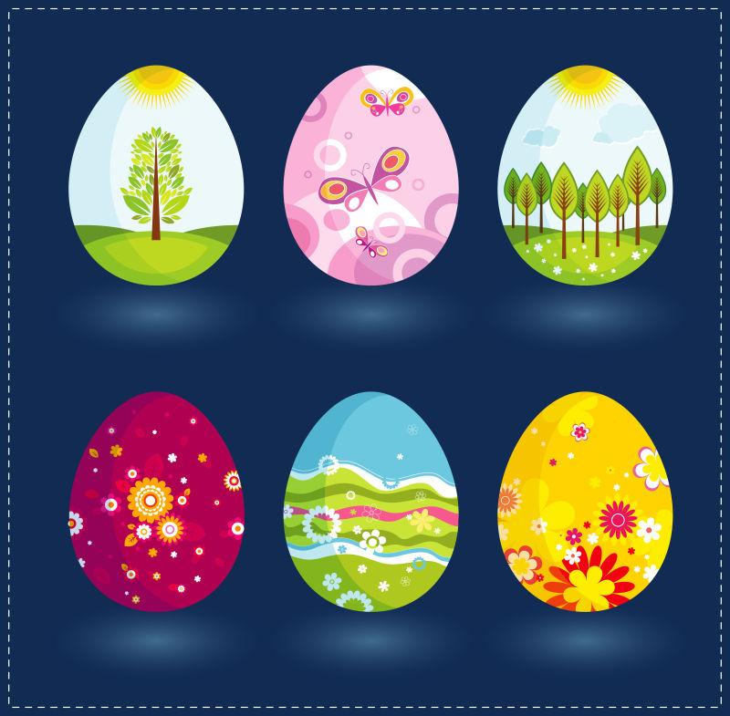 宝蓝色背景上的卡通图案复活节彩蛋