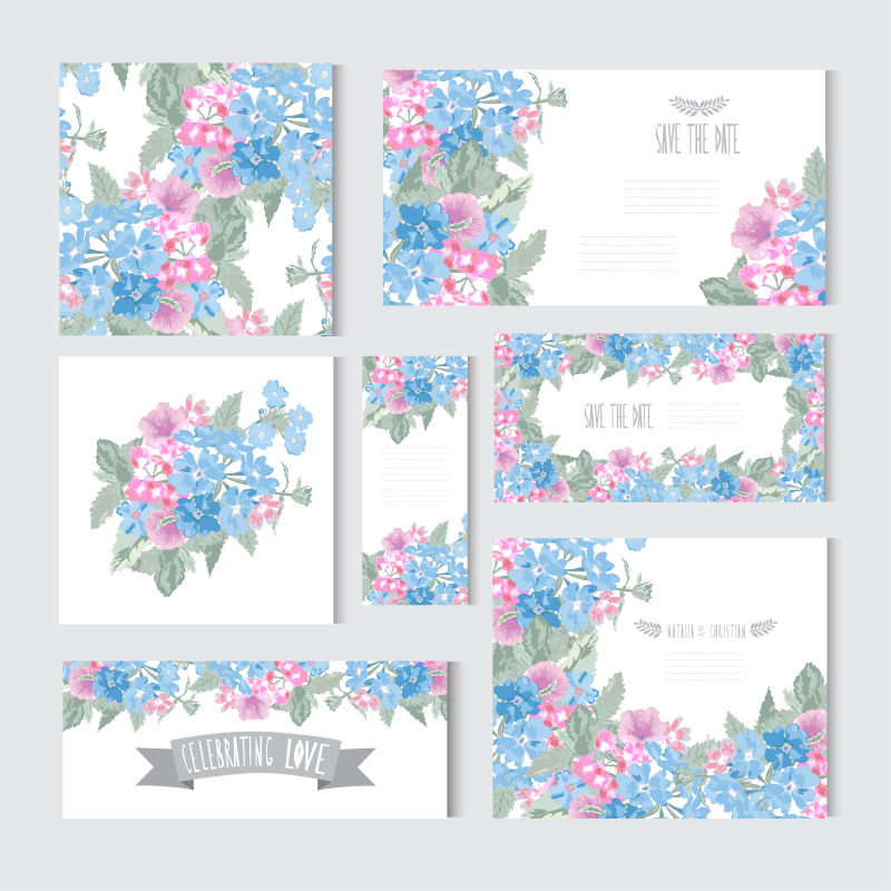 创意蓝色紫色花卉装饰的卡片设计